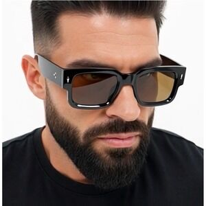 Black Rectangular Sunglasses Amber Brown Lenses Men's Fashion Eyewear UV Protect